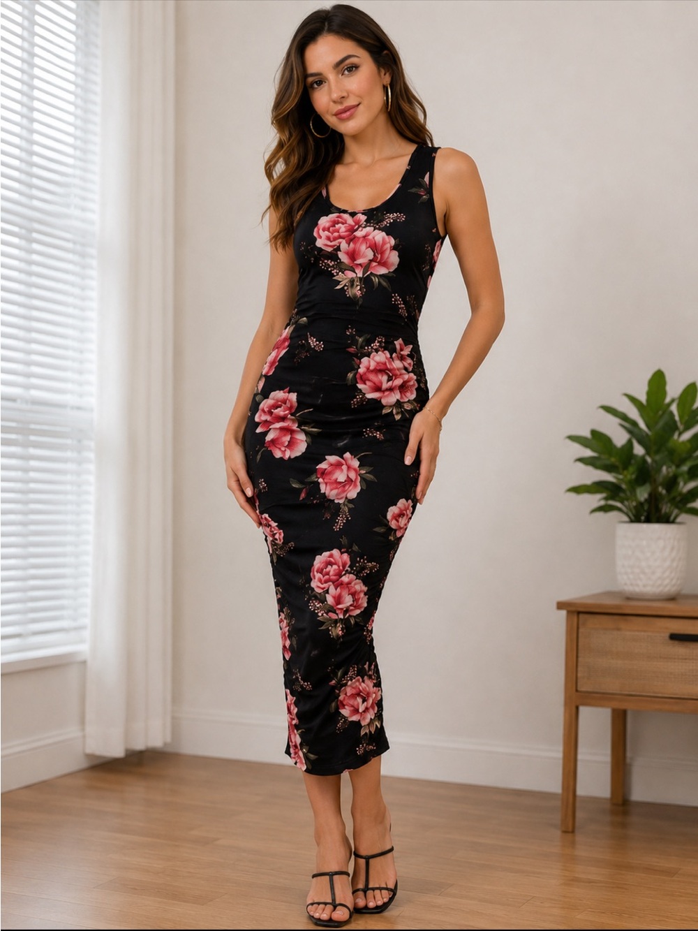 VENUS Black and Pink Floral Midi Dress